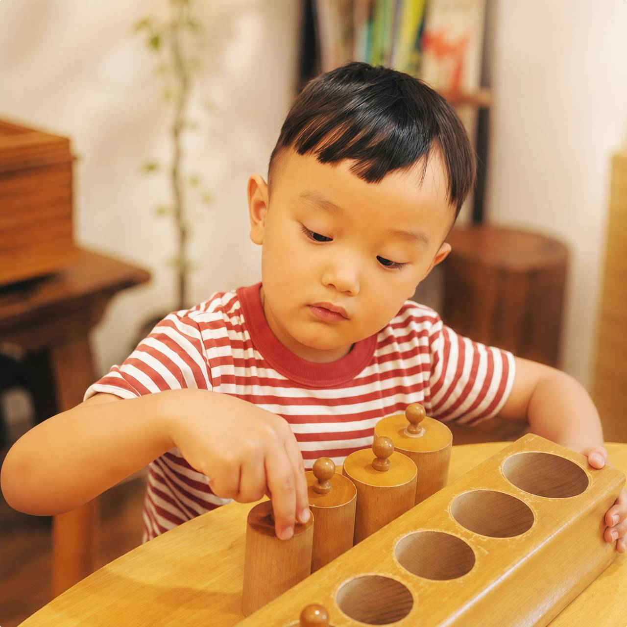 孩子操作蒙特梭利圓柱體組