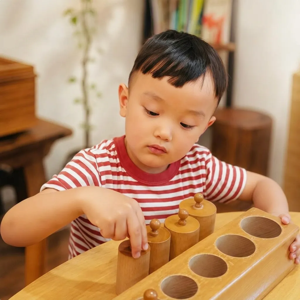 孩子操作蒙特梭利圓柱體組